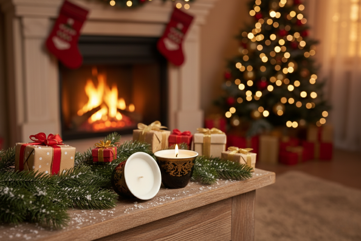 AKUN Christmas countdown candle gifting scene with festive decor, wrapped gifts, and a lit candle by the fireplace