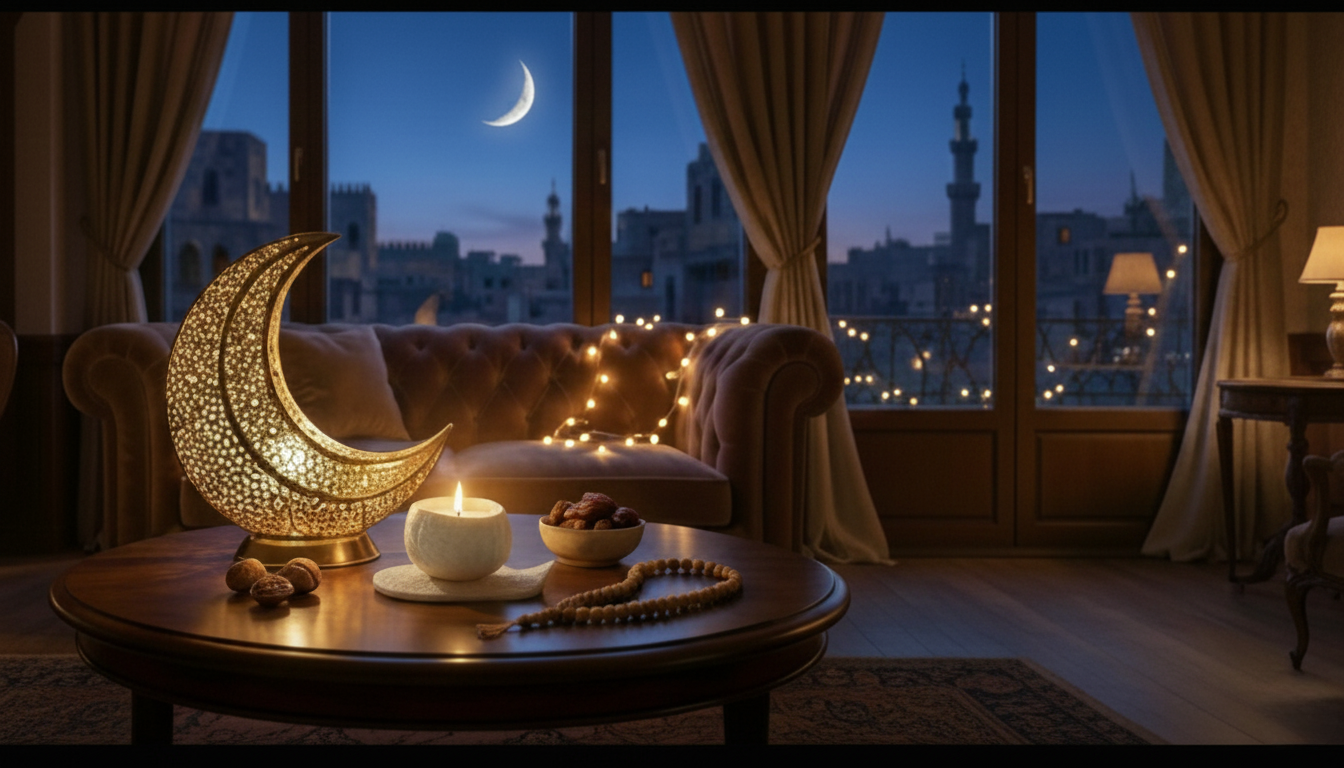 Lit candle beside a crescent moon lantern, dates, and prayer beads on a table at night, creating a calm Ramadan ritual setting at home.