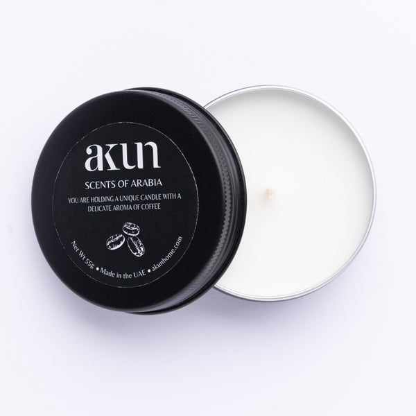 AKUN Scents of Arabia coffee travel tin candle with black lid and white wax, compact coffee-scented candle made in the UAE
