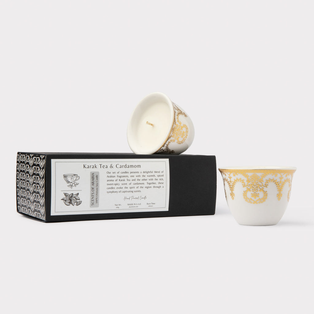 AKUN Scents of Arabia Karak Tea and Cardamom discovery candle set featuring a white ceramic cup with an intricate gold arabesque pattern