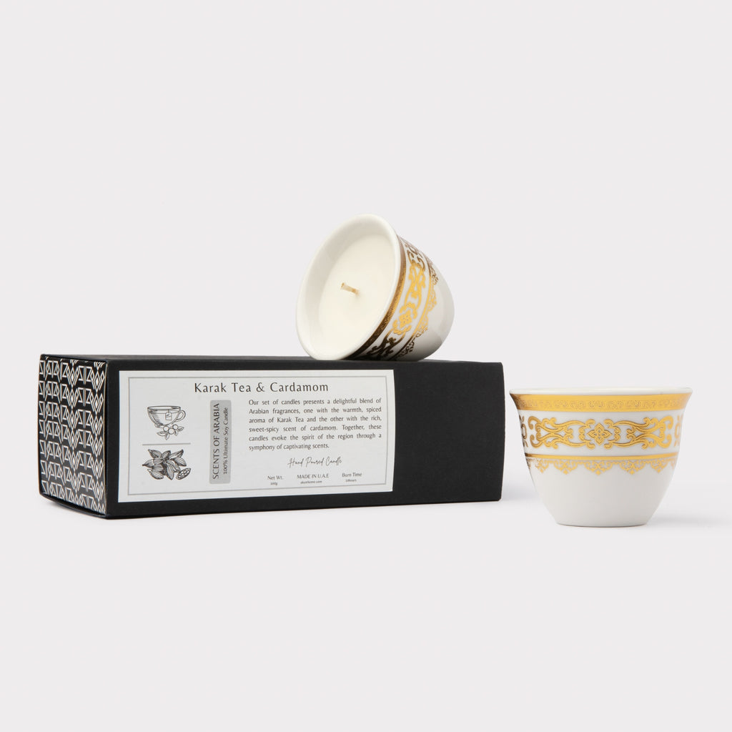 AKUN Scents of Arabia Karak Tea and Cardamom discovery candle set with a white ceramic cup featuring a refined gold classic border pattern