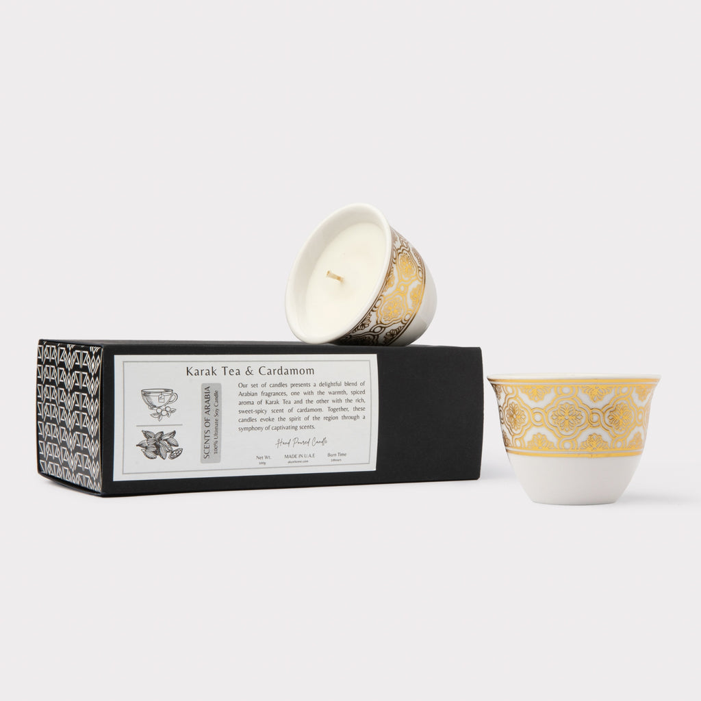 AKUN Scents of Arabia Karak Tea and Cardamom discovery candle set featuring a ceramic cup with an ornate gold floral pattern