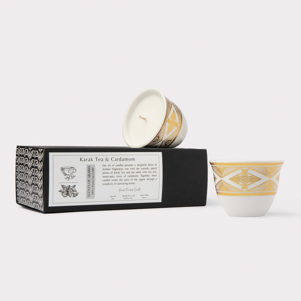 AKUN Scents of Arabia Karak Tea and Cardamom discovery candle set featuring a ceramic cup with an intricate gold geometric motif