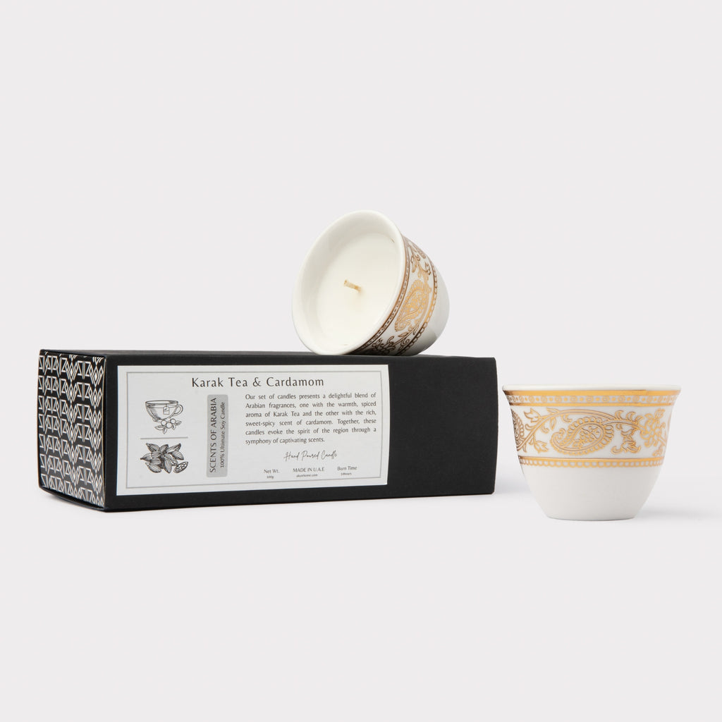 AKUN Scents of Arabia Karak Tea and Cardamom discovery candle set with a ceramic cup decorated in an elegant gold vine pattern