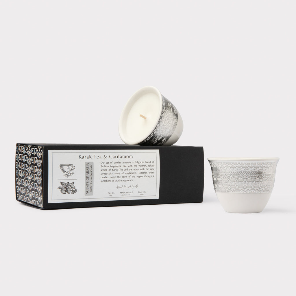 AKUN Scents of Arabia discovery candle set with Karak Tea and Cardamom scents, featuring white ceramic cups with an intricate silver lace pattern