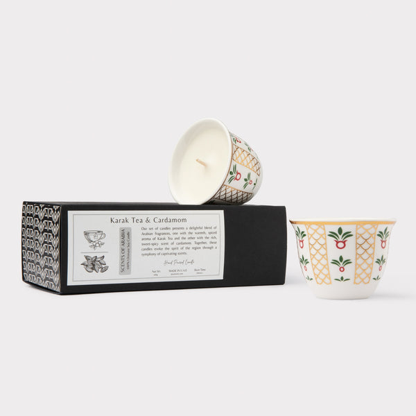AKUN Scents of Arabia discovery set featuring Karak Tea and Cardamom candles in gold-patterned cups